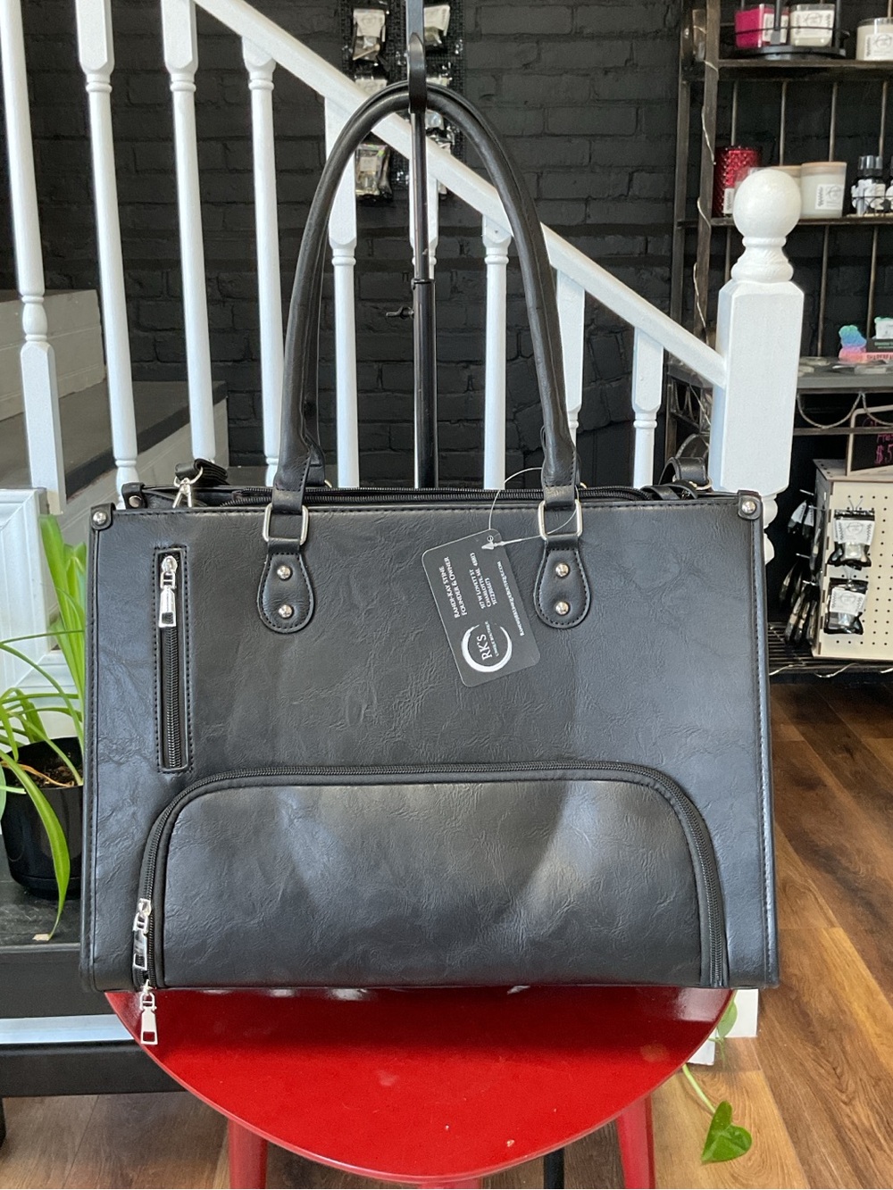 Black Structured Tote Bag Faux Leather Multi Pocket Handbag